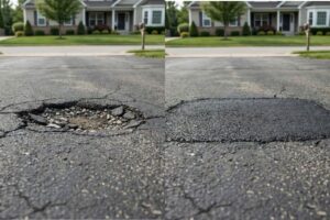Pavimento de carretera con baches y fisuras provocados por lluvias persistentes